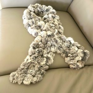 Genuine Rabbit Pom Pom Scarf- gray